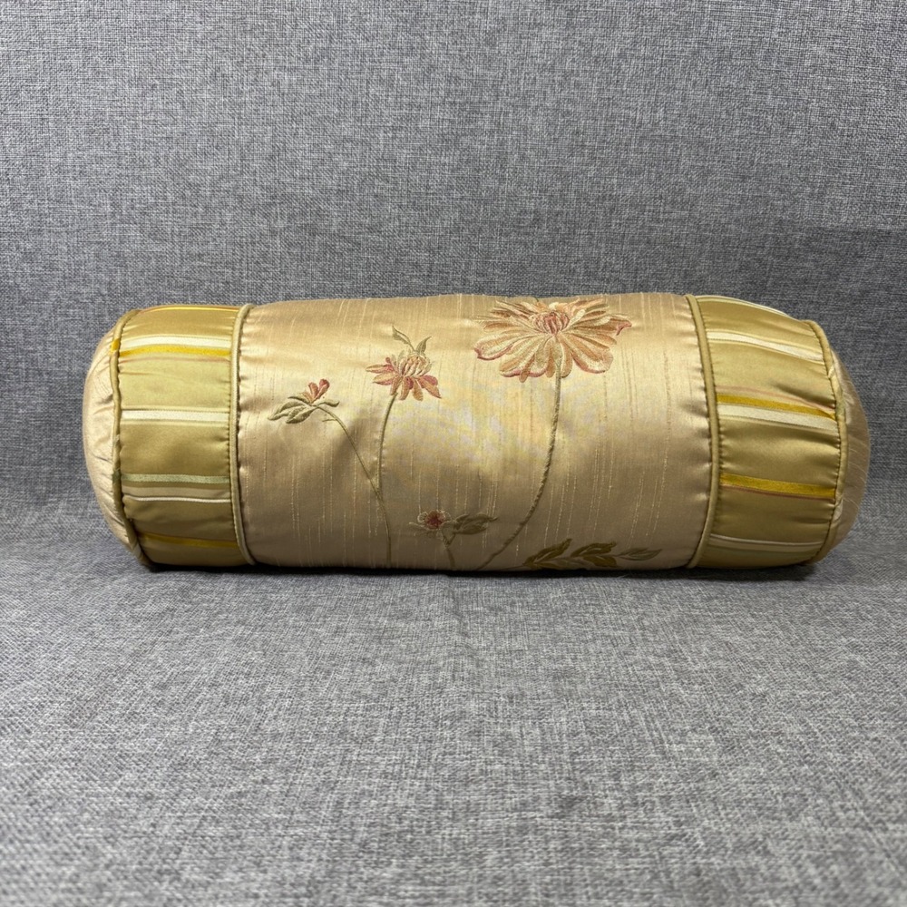 VTG Bolster Neckroll Pillow Gold Floral Embroidered Faux Silk Regency 21" x 7"